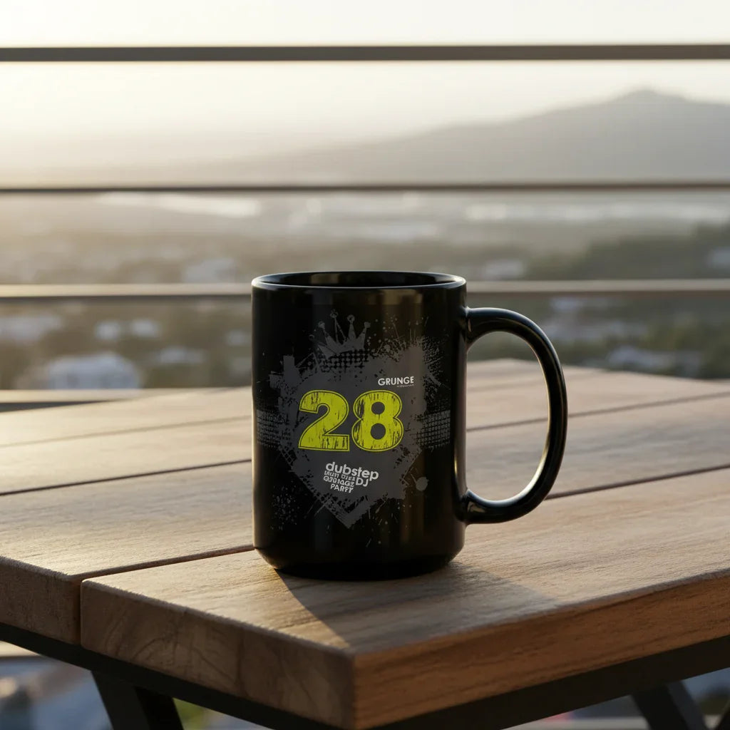 Black mug with '28 grunge dubstep' design on outdoor wooden table, sunrise background, Ivorynn