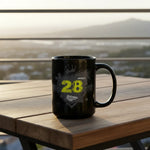Black mug with '28 grunge dubstep' design on outdoor wooden table, sunrise background, Ivorynn