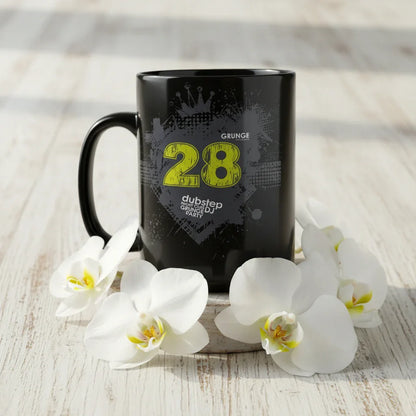 Black dubstep mug with grunge design and white orchids on wooden table, Ivorynn store