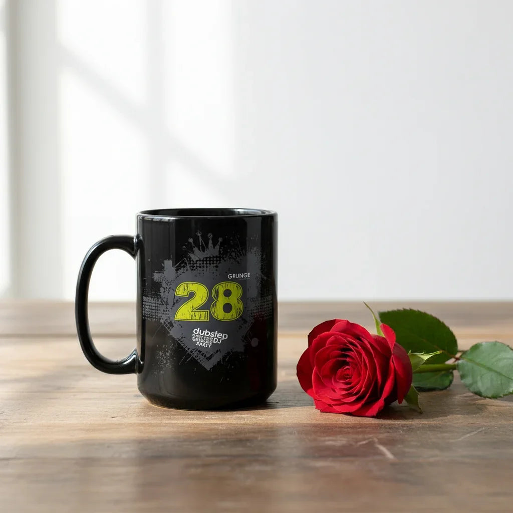 Black dubstep mug with number 28 and red rose on wooden table, Ivorynn modern gift