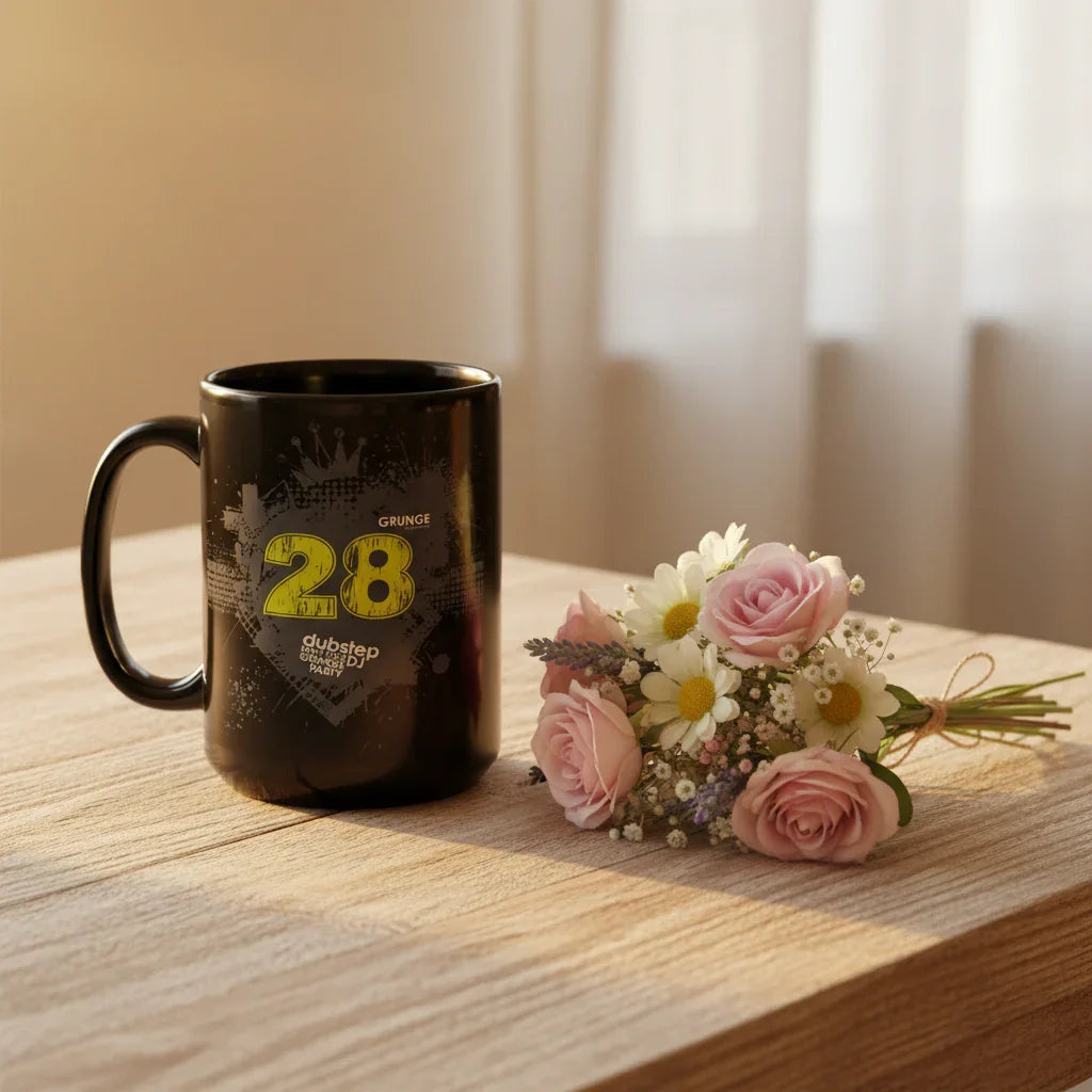 Black dubstep mug with yellow design beside wildflower bouquet on wooden table at Ivorynn