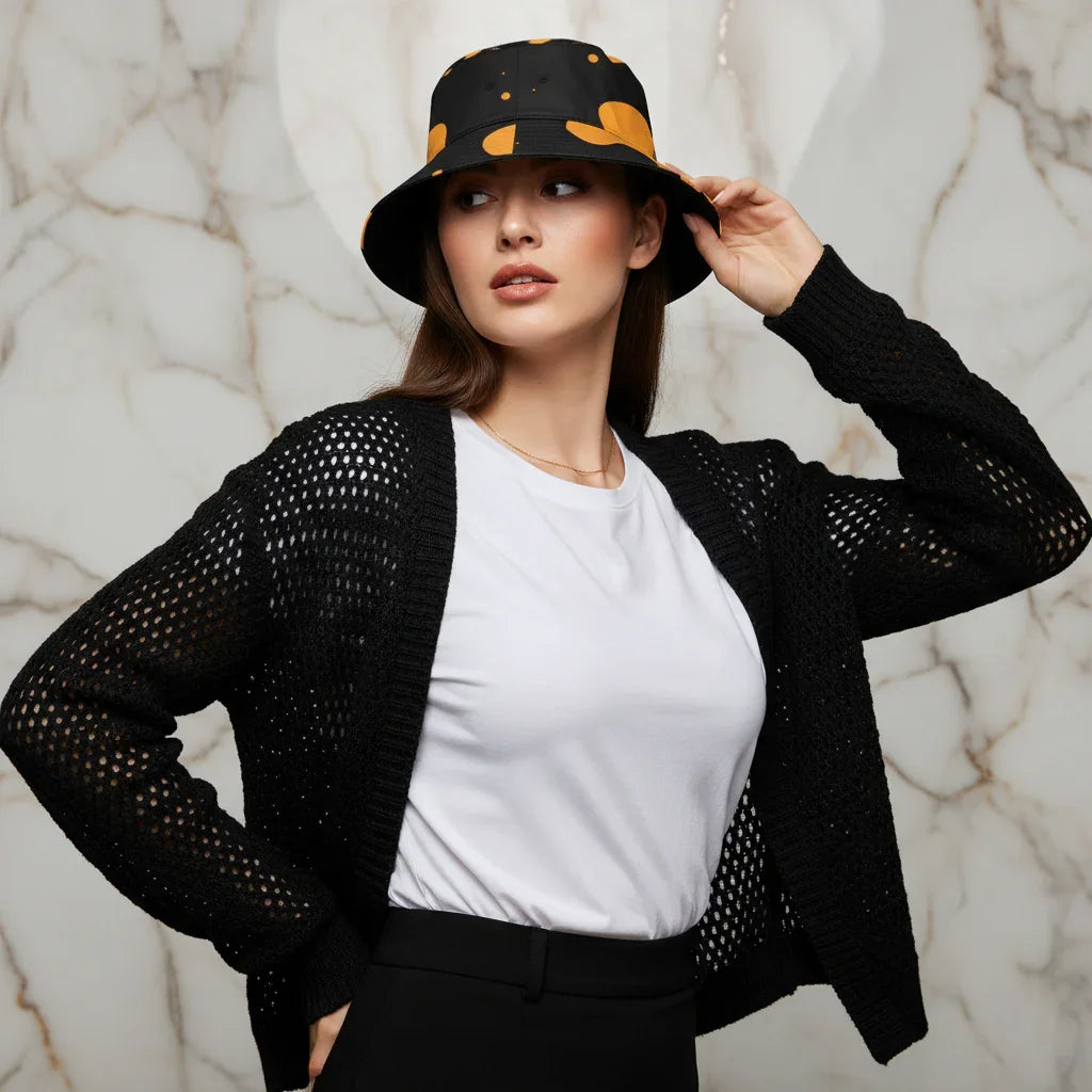 Woman in black open-knit cardigan, white tee, and patterned bucket hat poses against marble wall