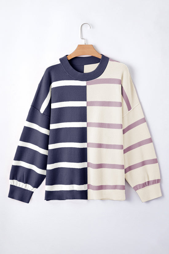Striped Patchwork Drop Shoulder Blue Sweater