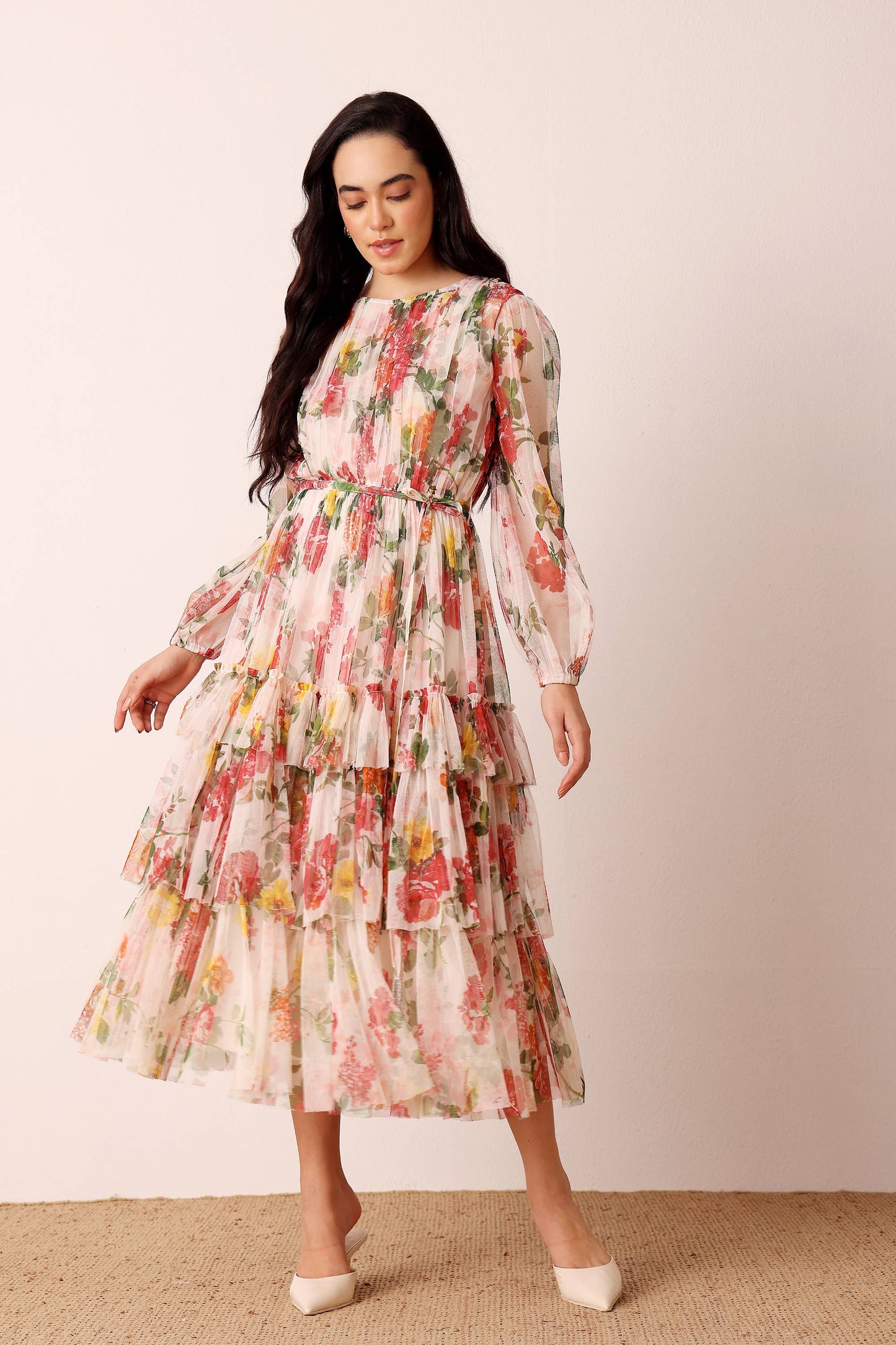 Elegant Cream Floral Midi Dress with Sheer Sleeves and Tie Belt for Women