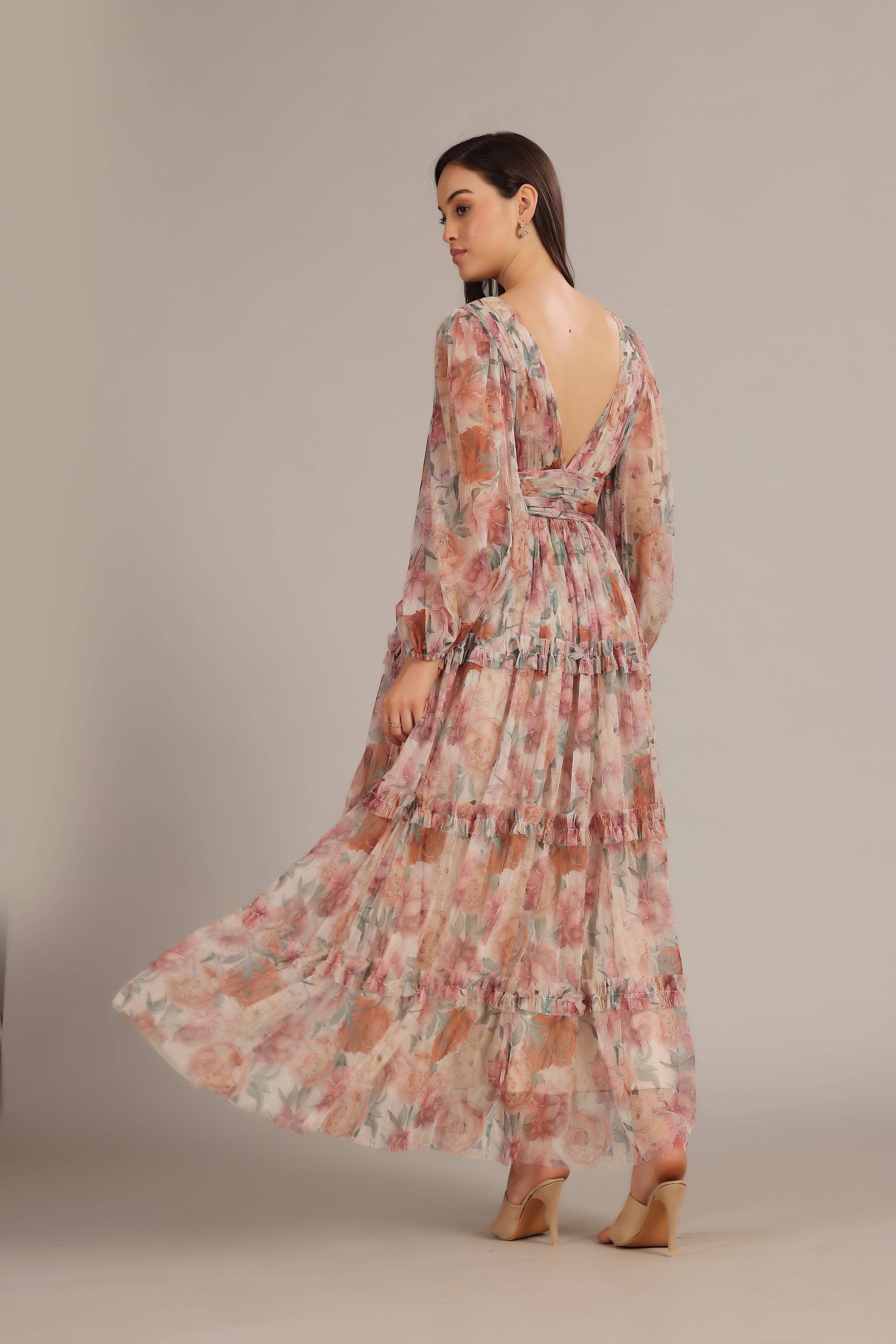 Chic Light Brown Floral Maxi Dress - Women's V-Neck Cinched Waist