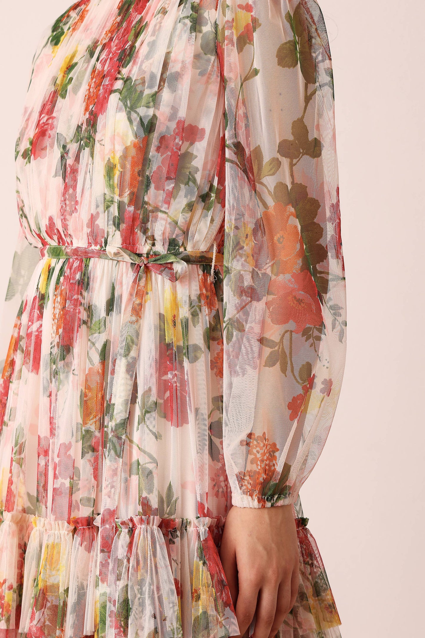 Elegant Cream Floral Midi Dress with Sheer Sleeves and Tie Belt for Women