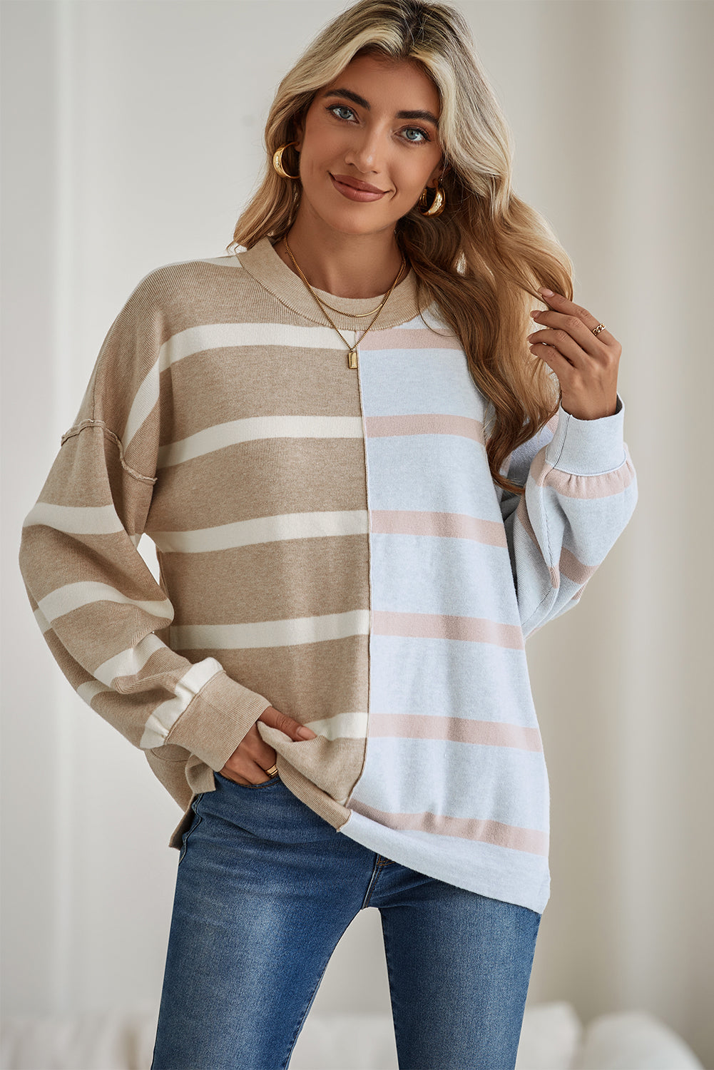 Striped Patchwork Drop Shoulder Khaki Sweater