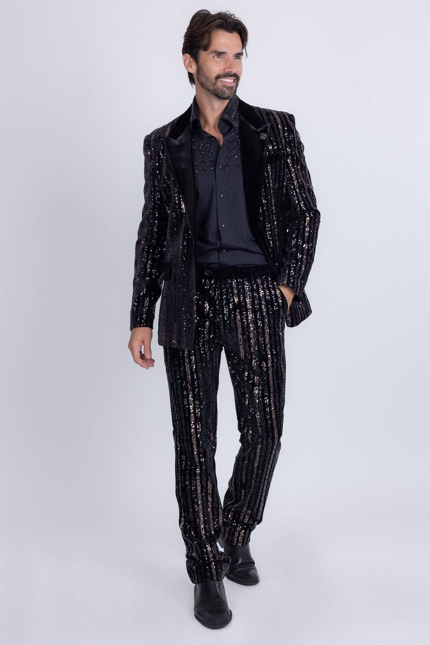 Men's Black Gunmetal Sequin Slim Fit Stretch Pants - Dazzling Party & Stage Wear