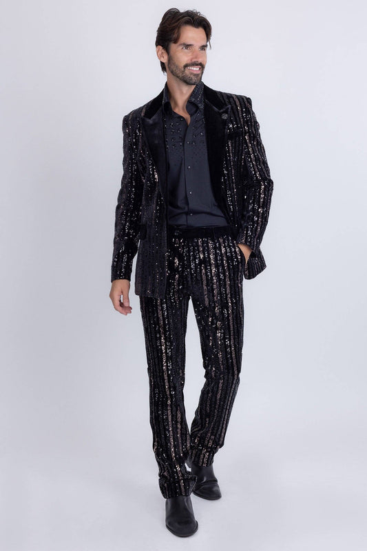 Men's Black Gunmetal Sequin Slim Fit Stretch Pants - Dazzling Party & Stage Wear