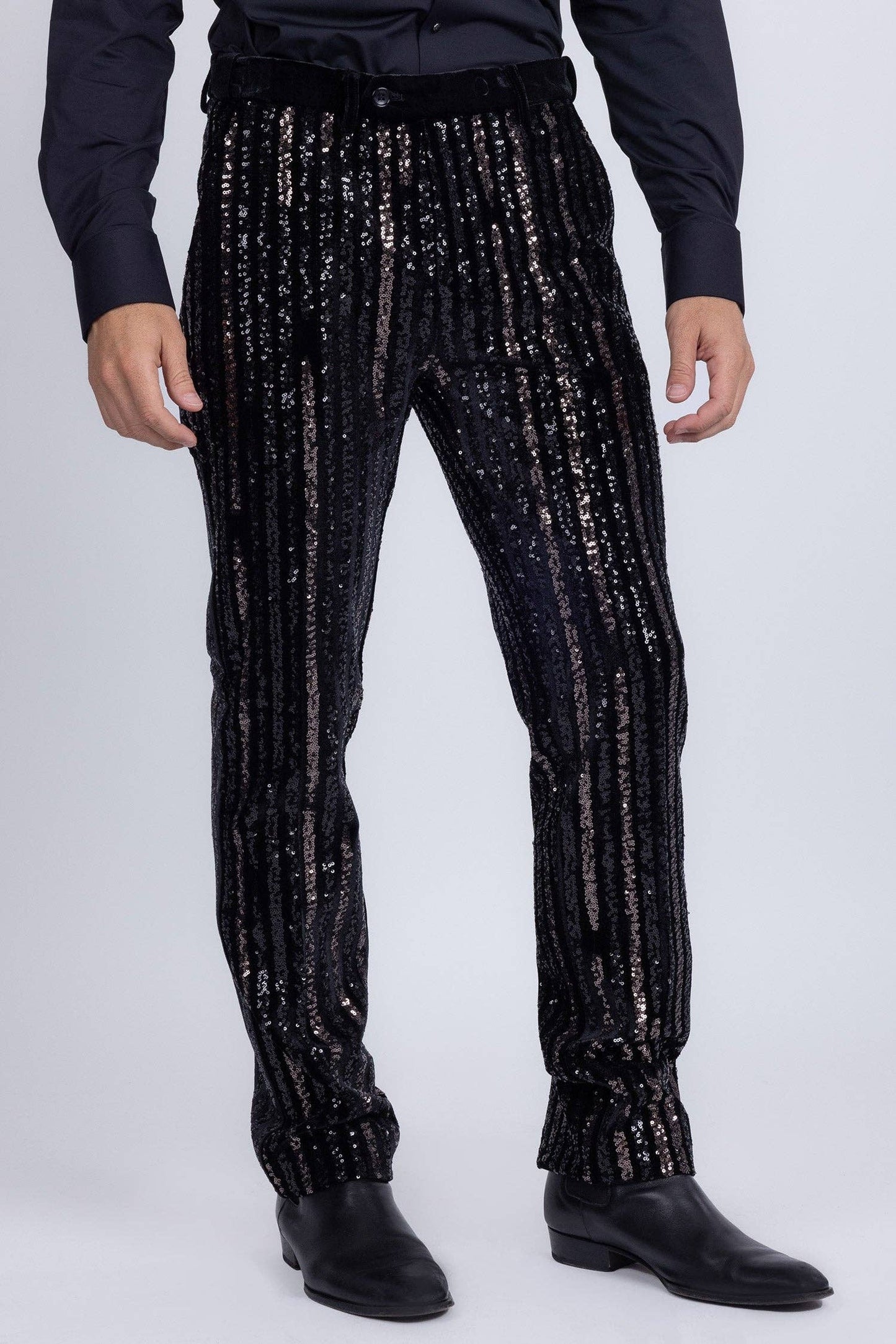 Men's Black Gunmetal Sequin Slim Fit Stretch Pants - Dazzling Party & Stage Wear