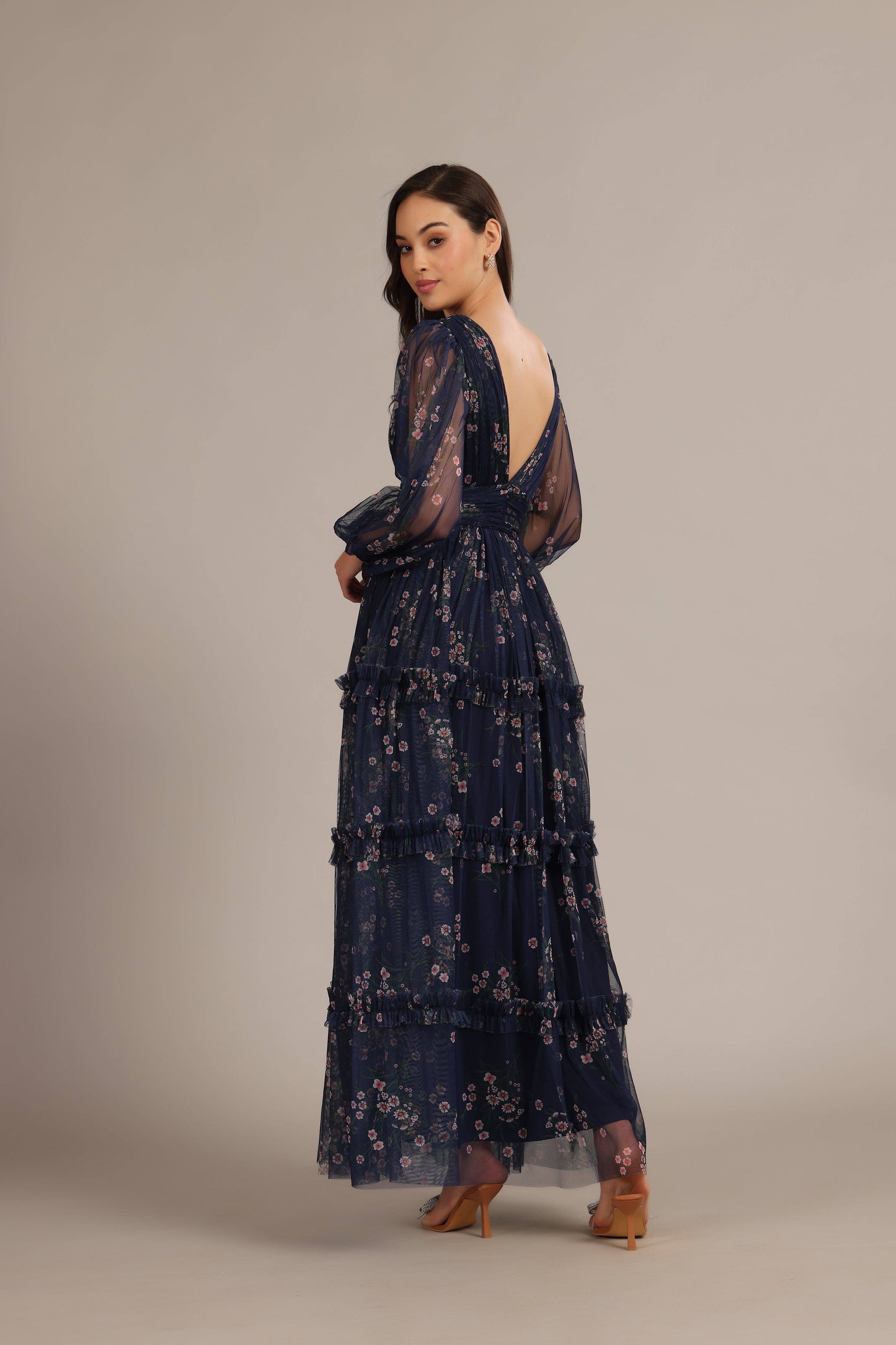 Lydia Elegant Navy Floral Tulle Maxi Dress with V-Neck and Cinched Waist