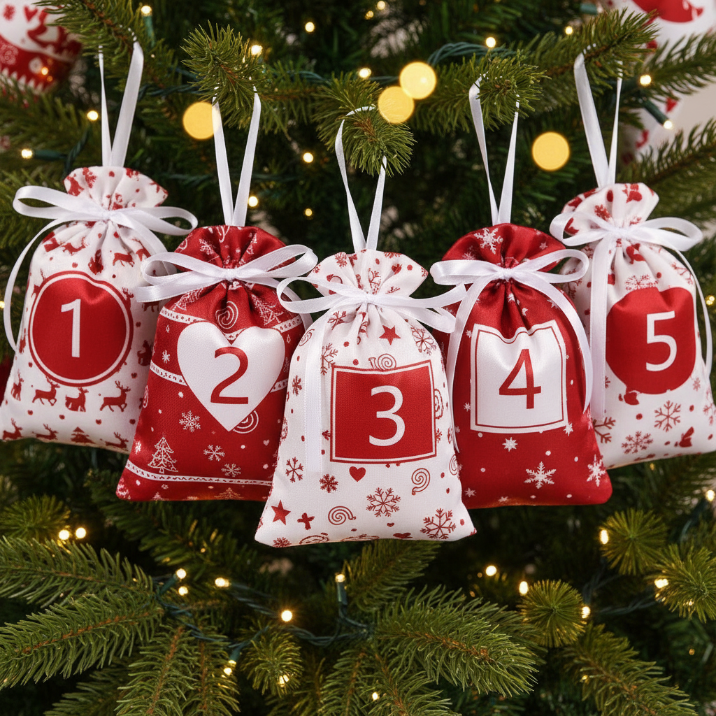 Early numbers advent bags on tree