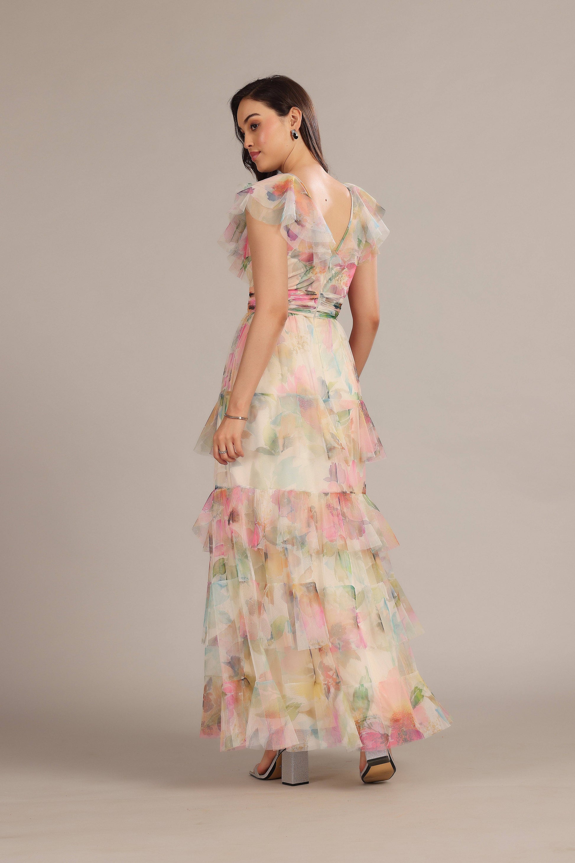 Elegant Cream Pink Floral Tiered V-Neck Maxi Dress with Ruffles