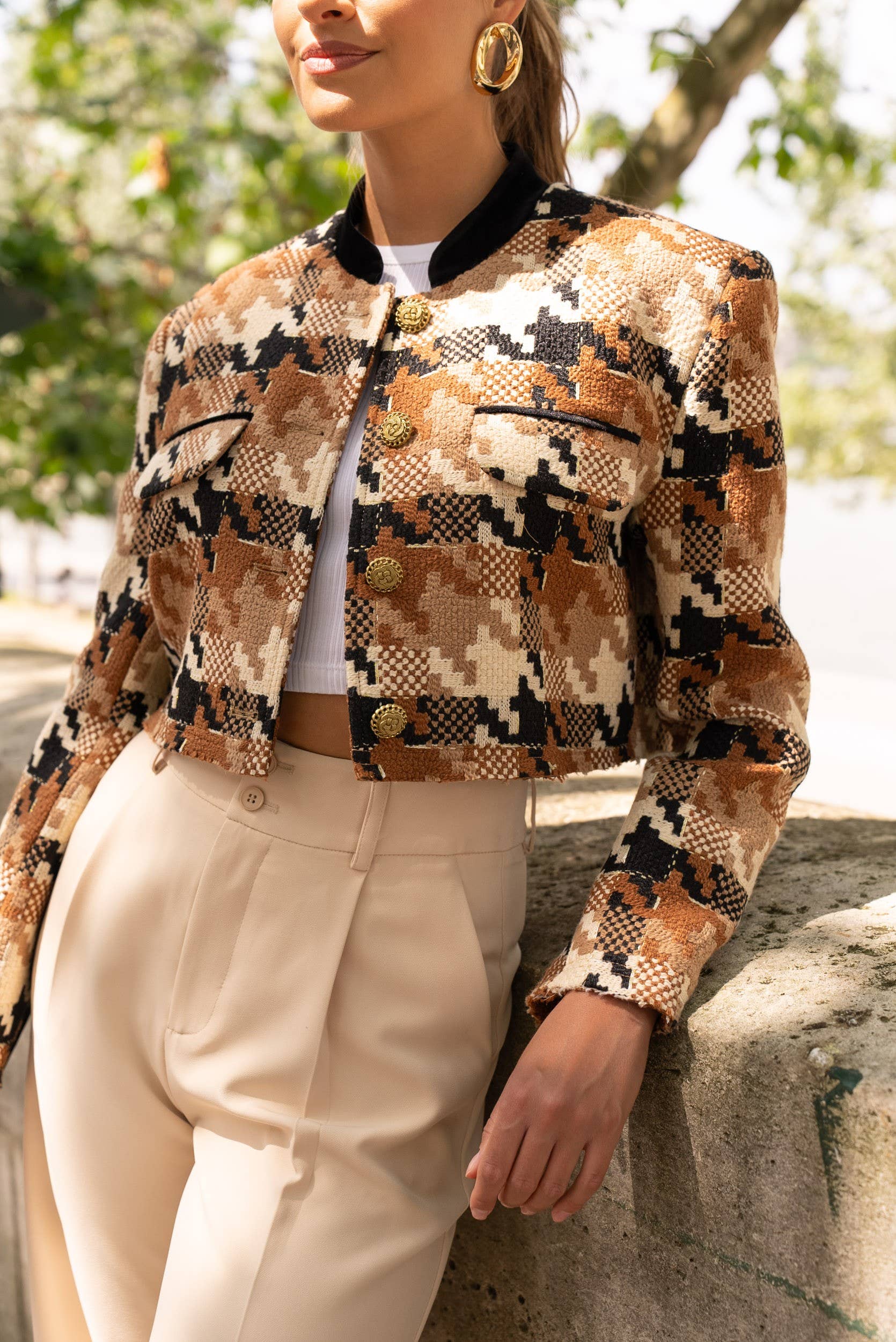 Chic Camel Print Tweed Cropped Blazer Jacket with Velvet Collar Gold Buttons