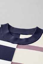 Striped Patchwork Drop Shoulder Blue Sweater