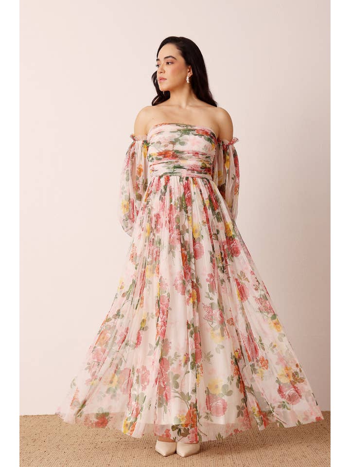 Lace & Beads Lana Cream Floral Maxi Dress - Elegant Tulle Sleeve Wrap Gown