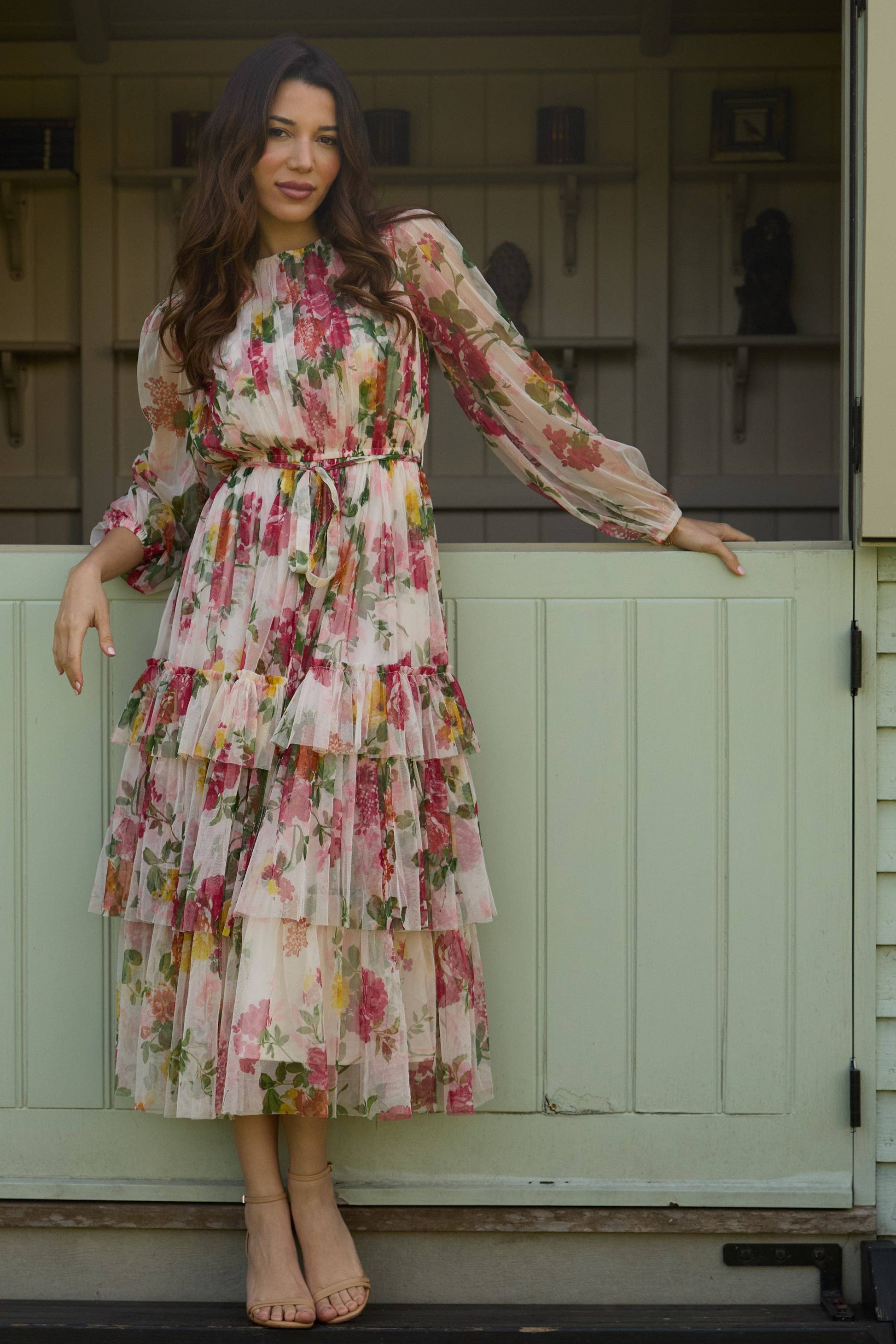 Elegant Cream Floral Midi Dress with Sheer Sleeves and Tie Belt for Women