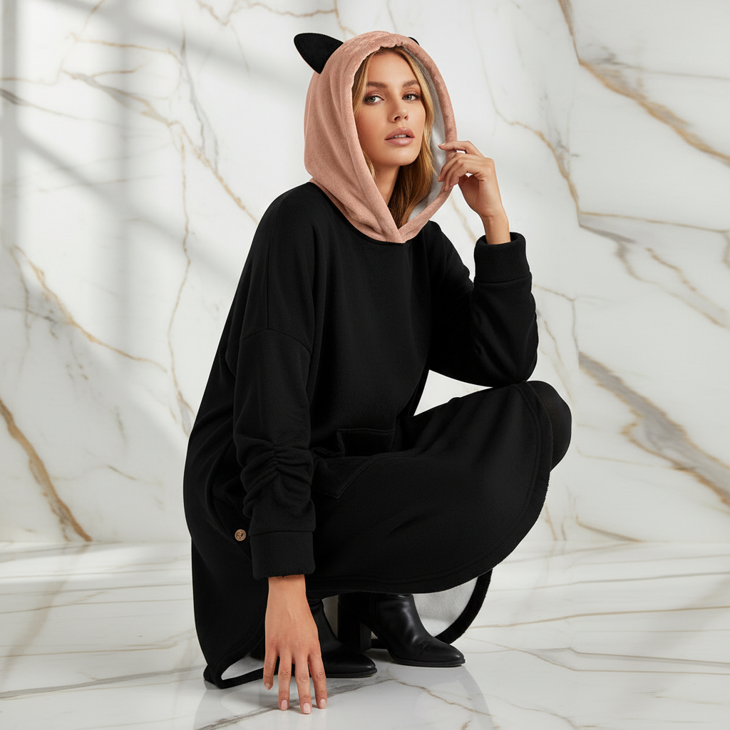 Edgy crouching position with hood up