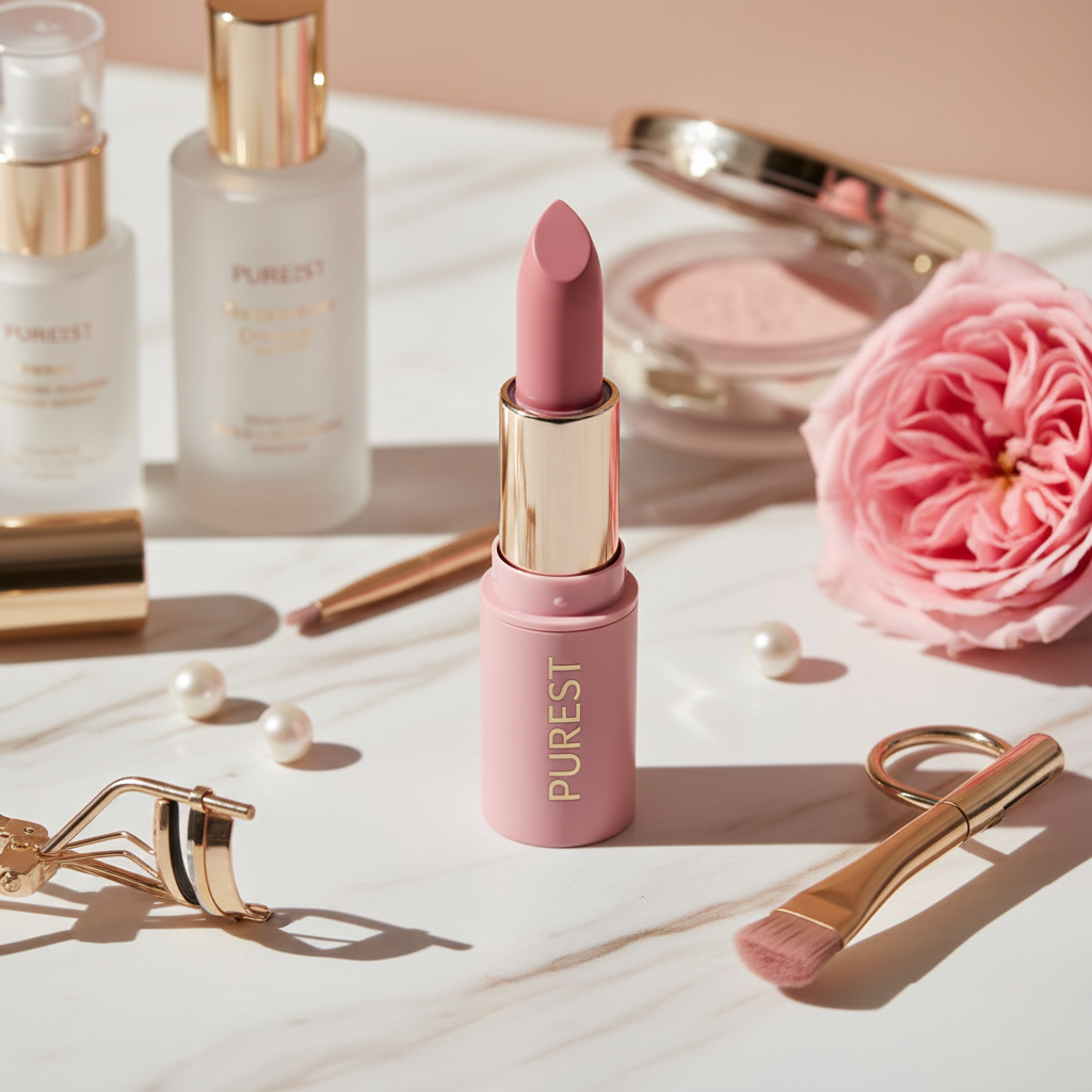 Editorial image with skincare and garden rose