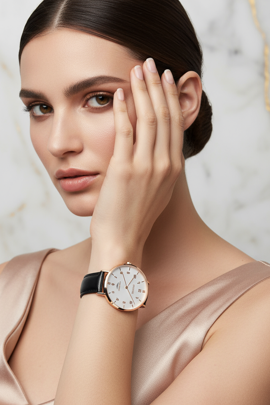 Elegant expression with hand near face