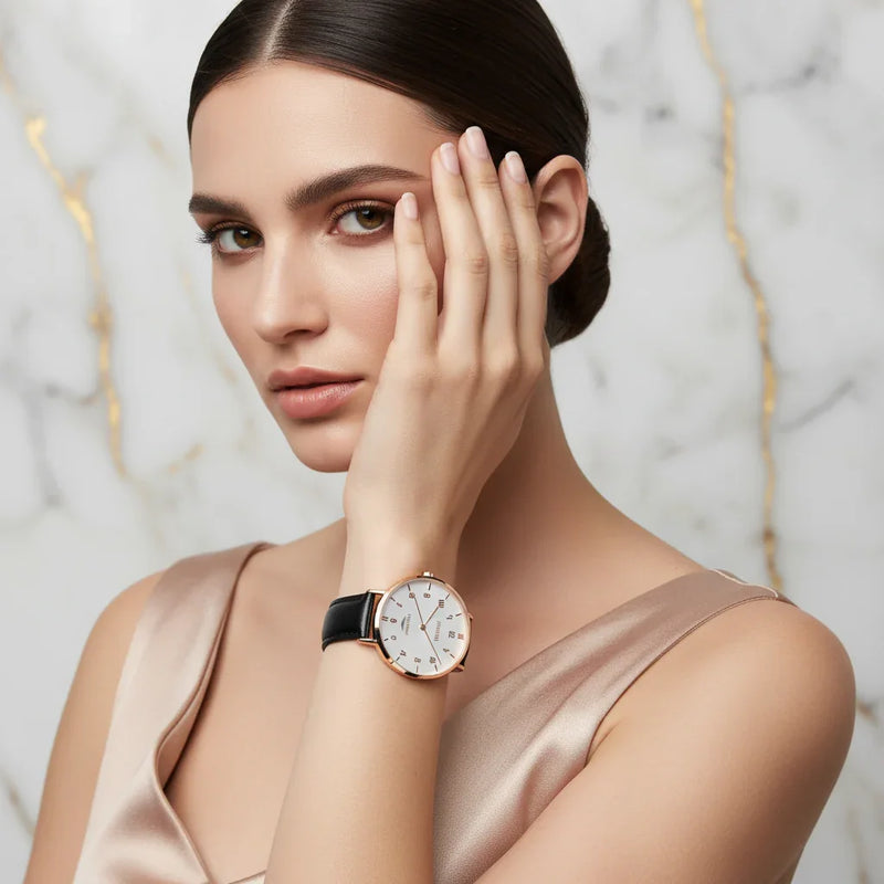 Elegant expression with hand near face