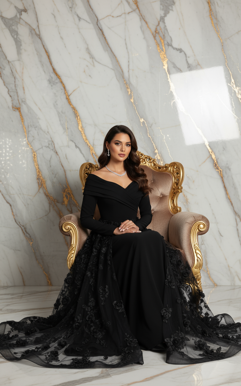 Elegant seated pose - Black gown