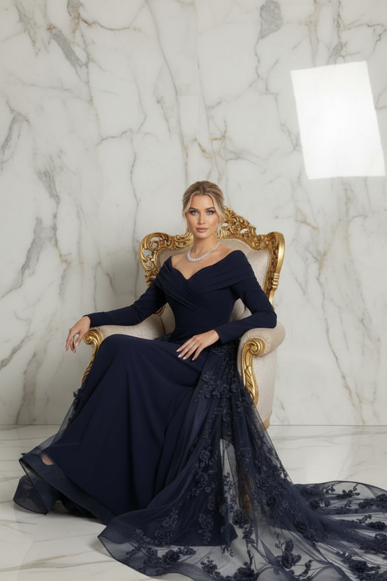 Elegant seated pose - Dark gunmetal gown