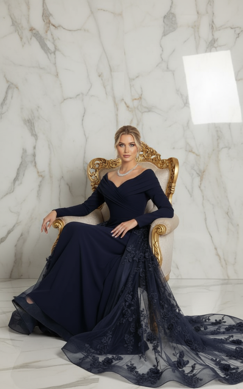 Elegant seated pose - Dark gunmetal gown