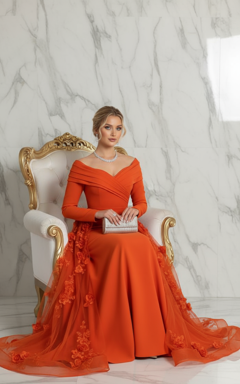 Elegant seated pose - Orange gown