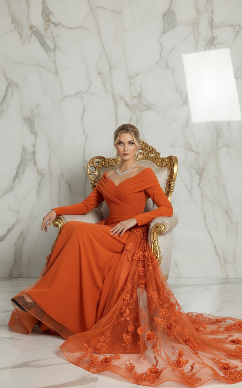 Elegant seated pose - Orange gown