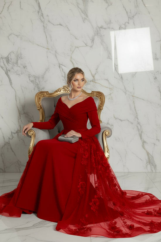 Off Shoulder Red Elegant Evening Gown with Train