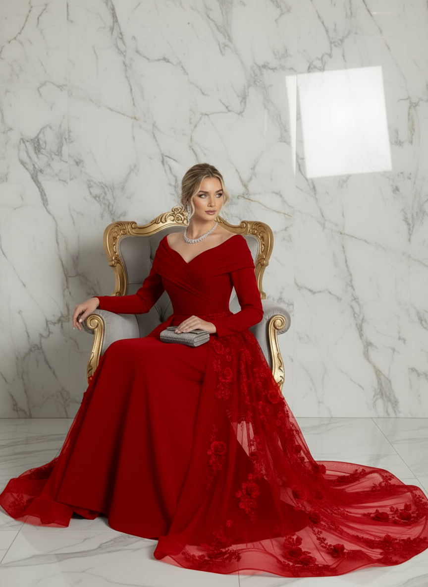 Off Shoulder Red Elegant Evening Gown with Train