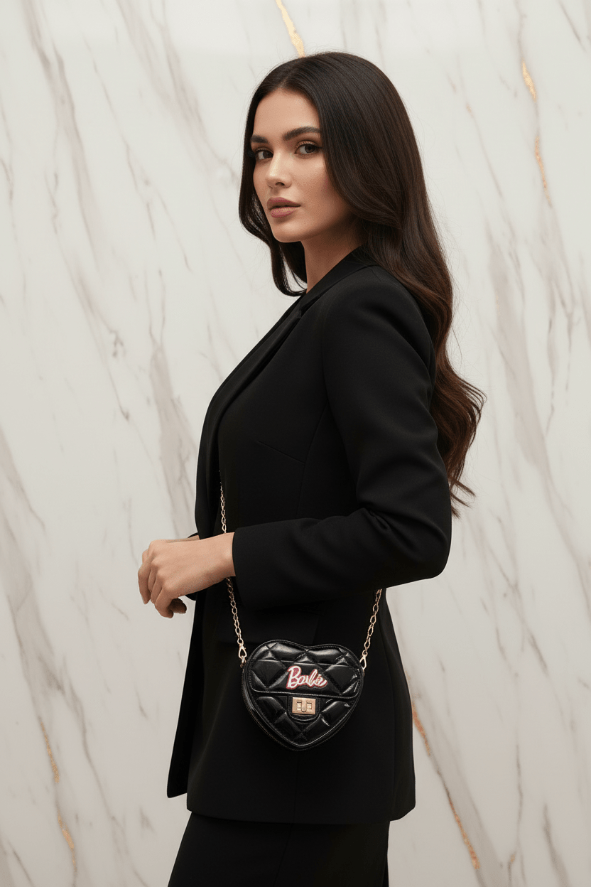 Elegant woman side pose - Black heart bag