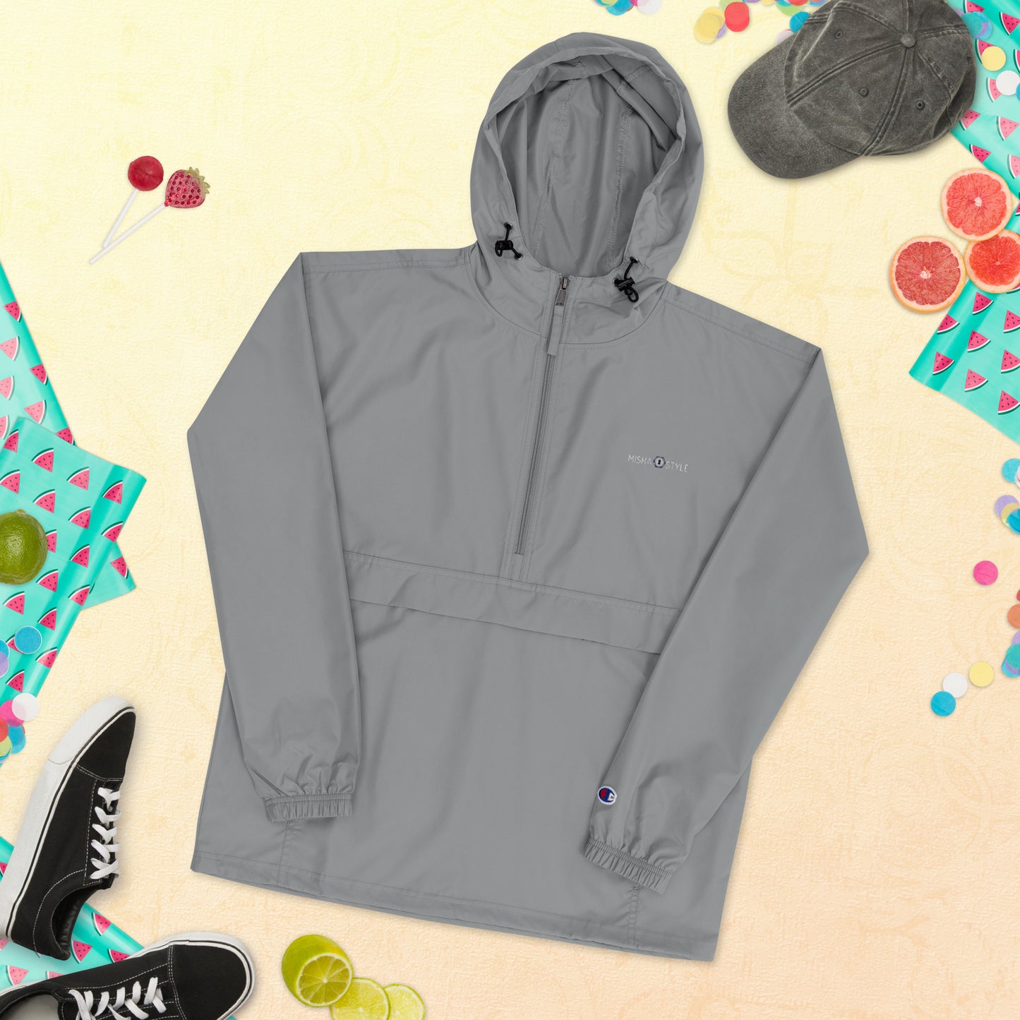 Embroidered Champion Packable Jacket - Gray