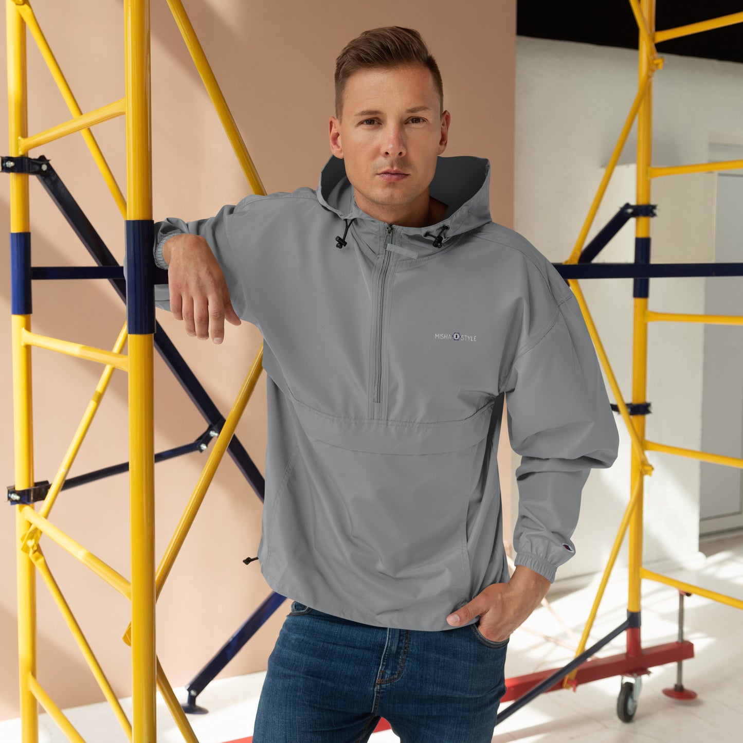 Embroidered Champion Packable Jacket - Gray