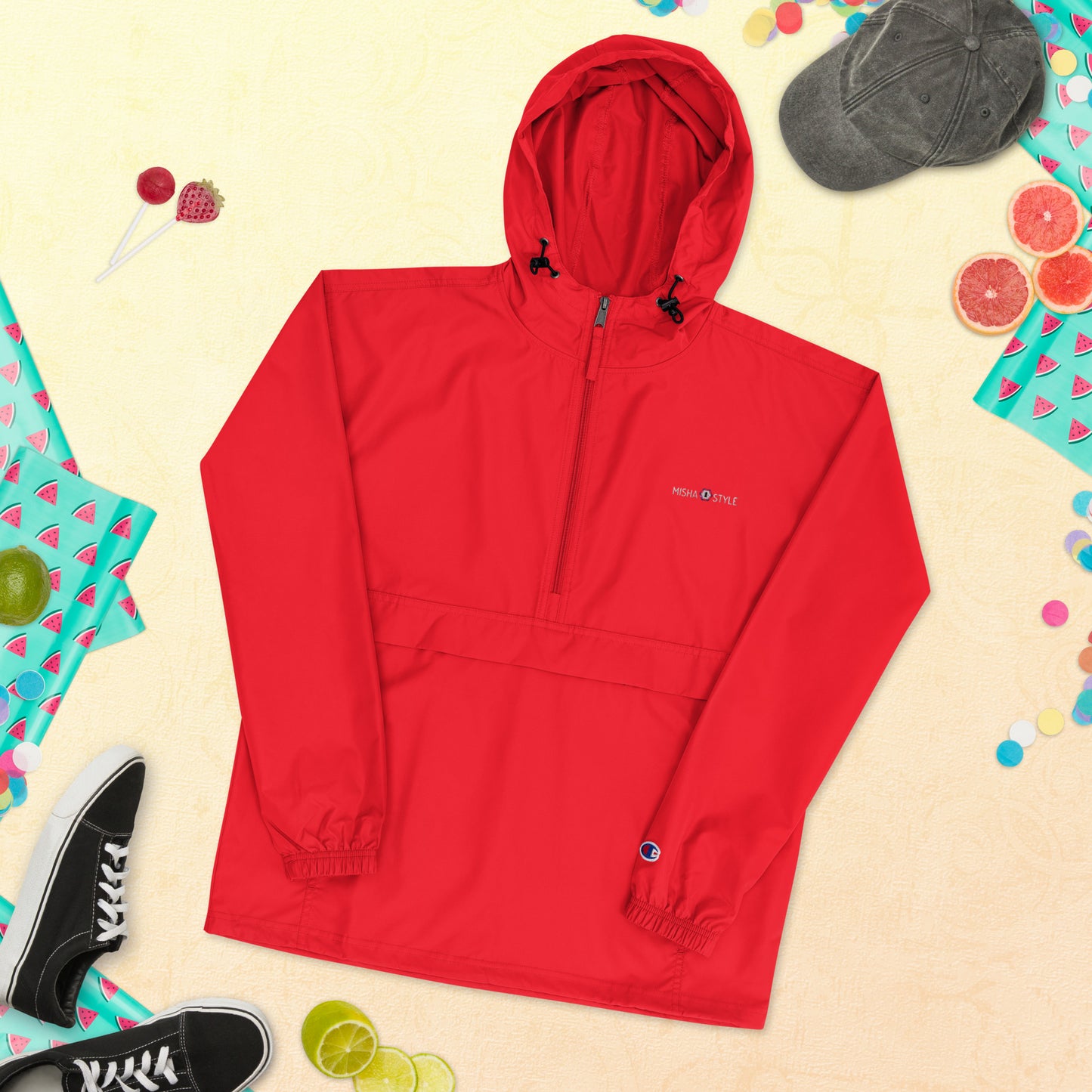Embroidered Champion Packable Jacket - Red