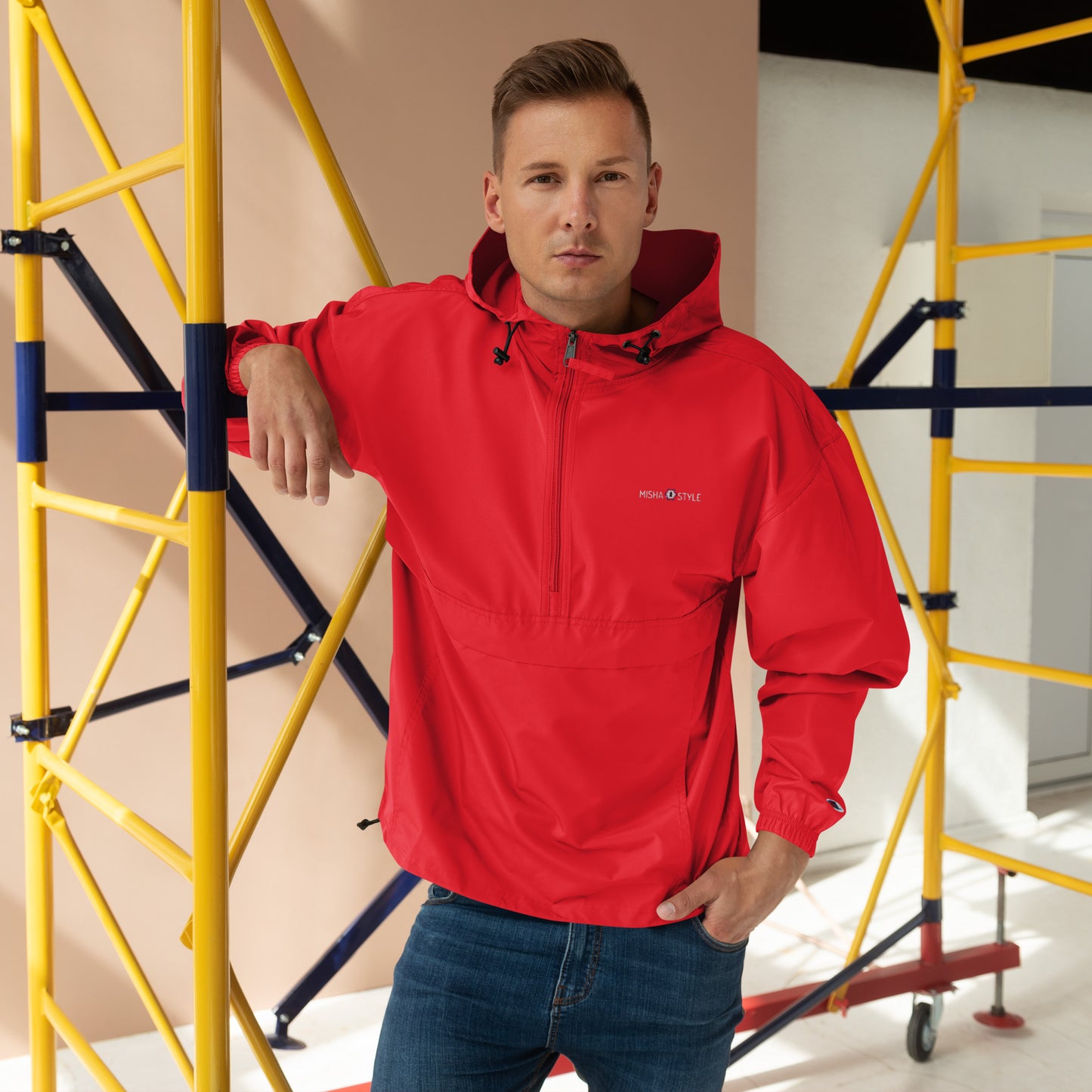 Embroidered Champion Packable Jacket - Red