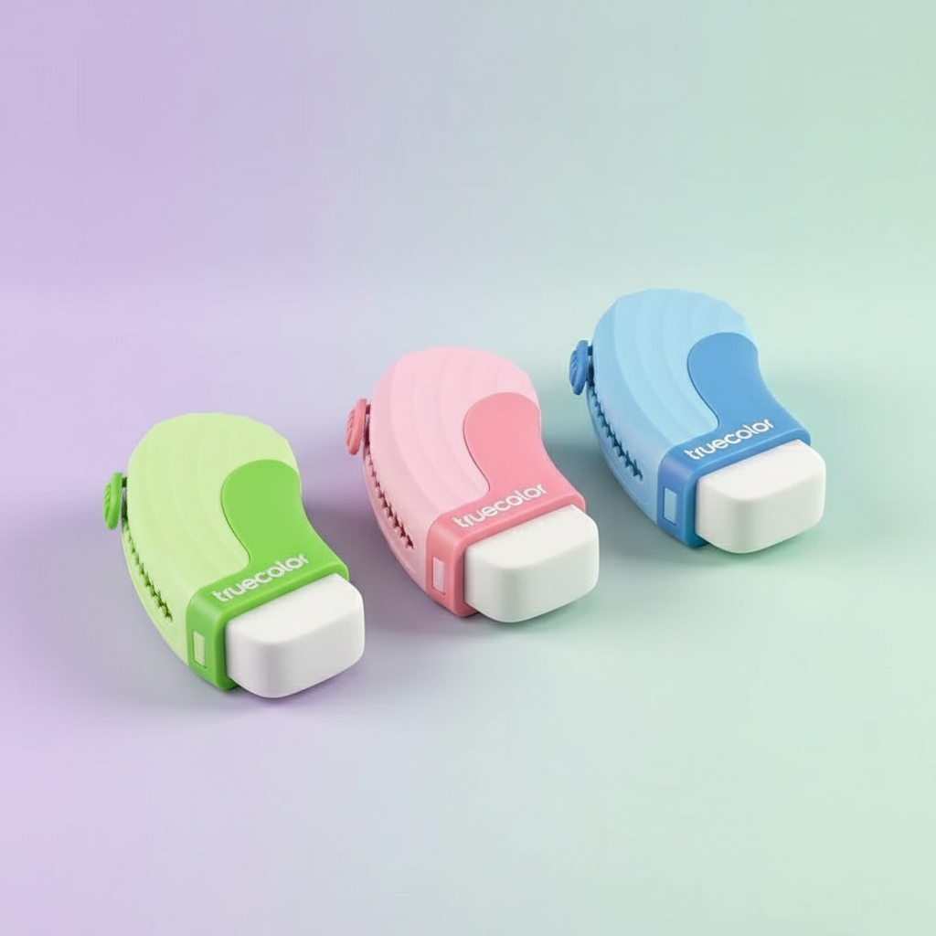 Erasers resting on smooth pastel surface