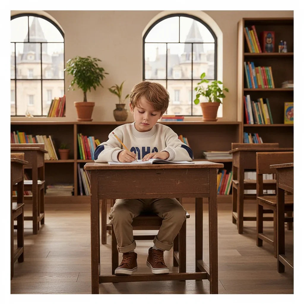 European boy at desk
