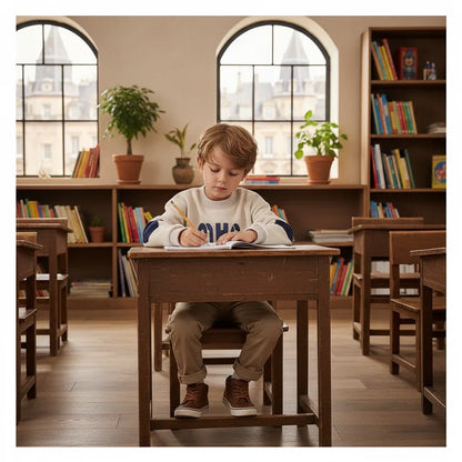 European boy at desk
