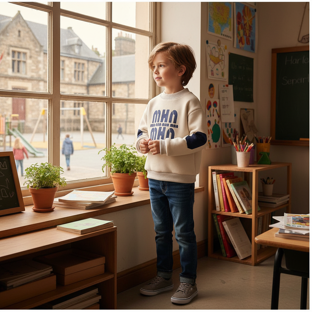 European boy by window