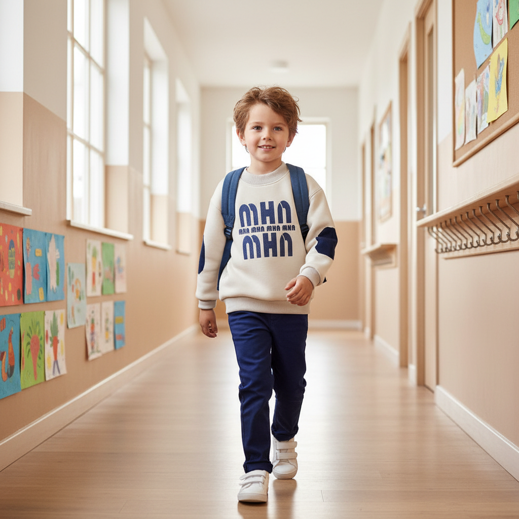 European boy in corridor