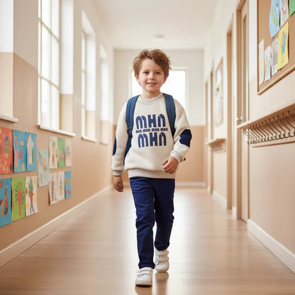 European boy in corridor