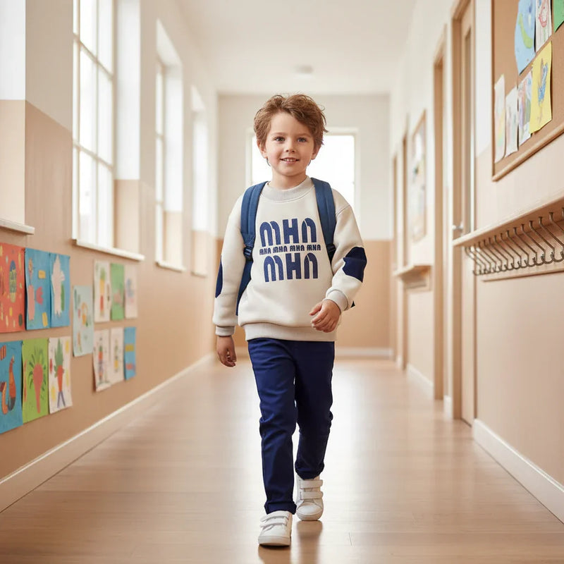 European boy in corridor