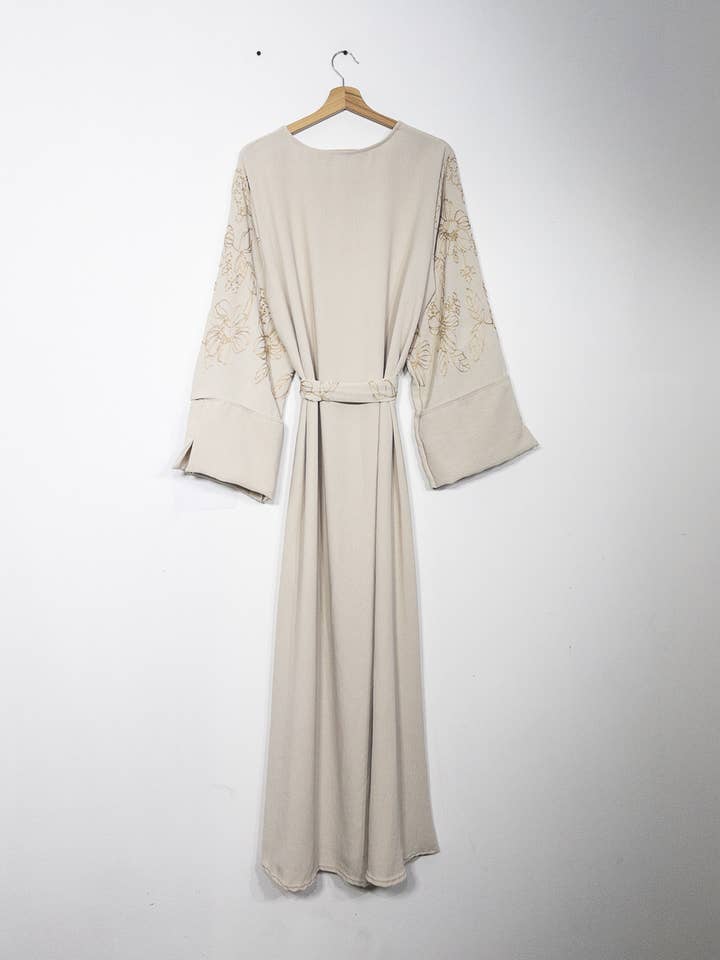 Elegant Floral Embroidered Abaya Dress with Matching Belt and Cream Lining