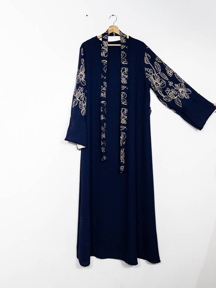 Elegant Floral Embroidered Abaya Dress with Matching Belt and Cream Lining