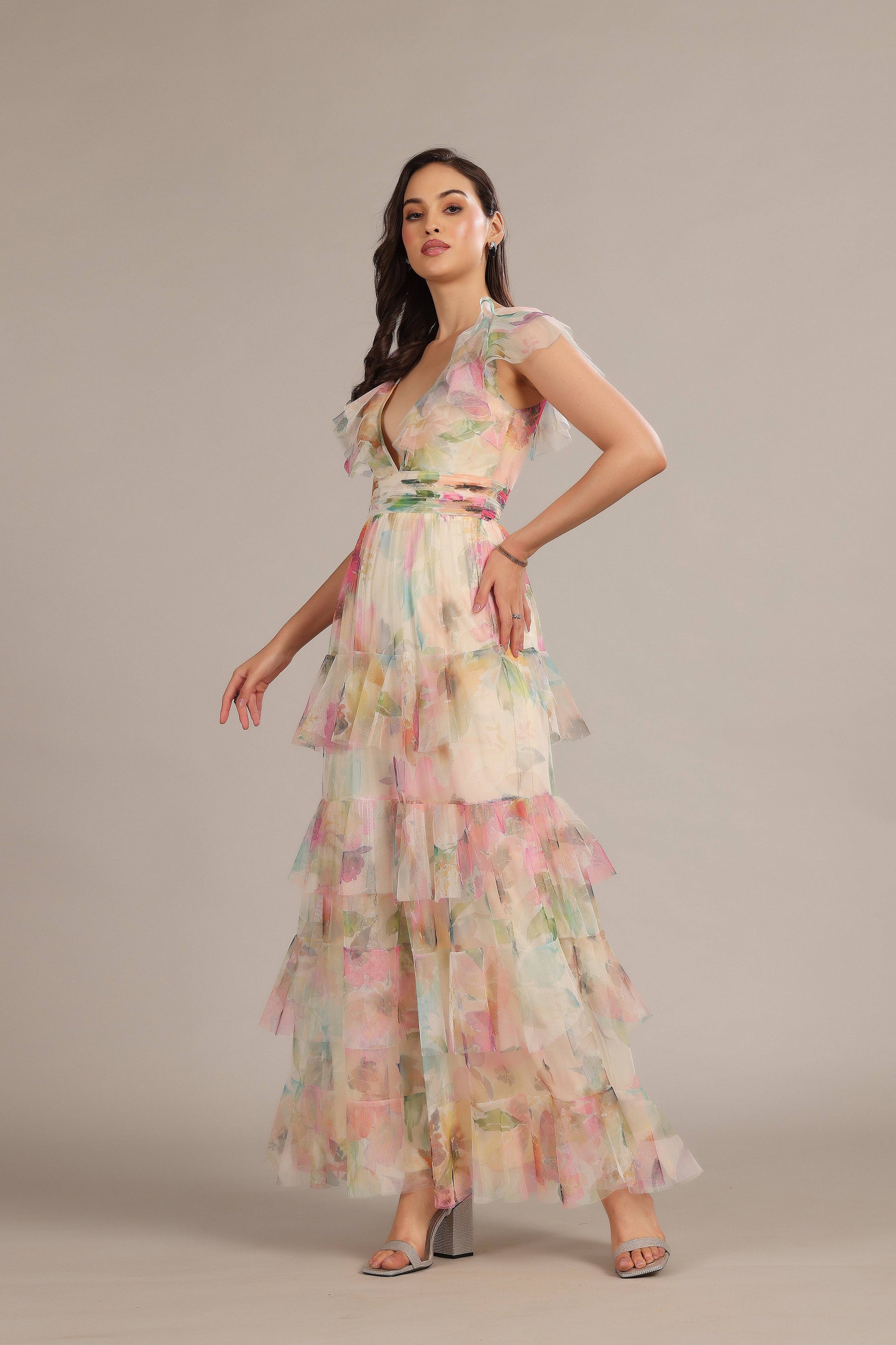Elegant Cream Pink Floral Tiered V-Neck Maxi Dress with Ruffles