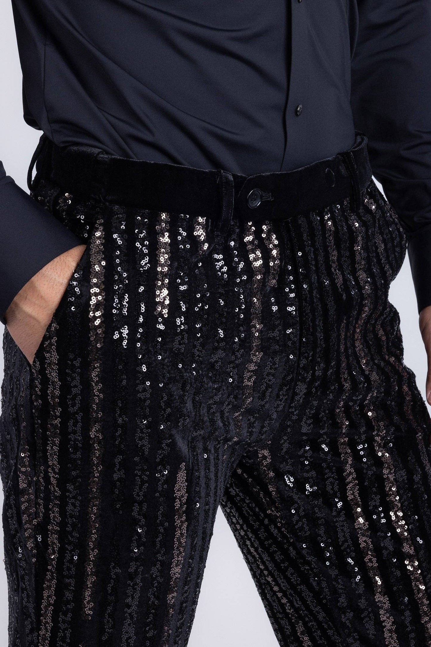 Men's Black Gunmetal Sequin Slim Fit Stretch Pants - Dazzling Party & Stage Wear