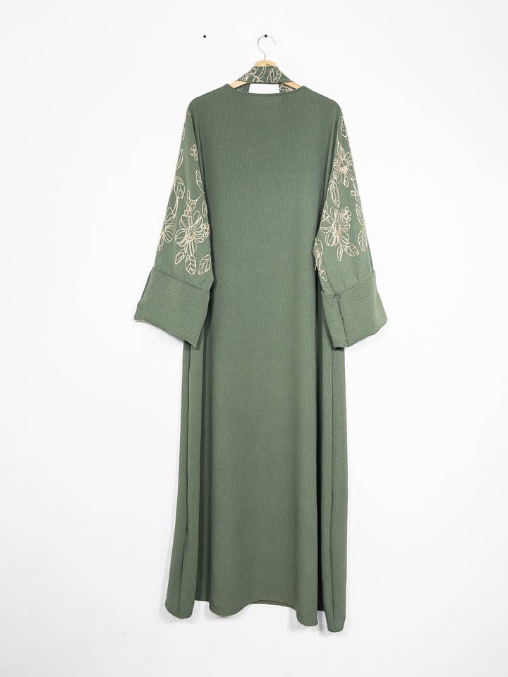 Elegant Floral Embroidered Abaya Dress with Matching Belt and Cream Lining