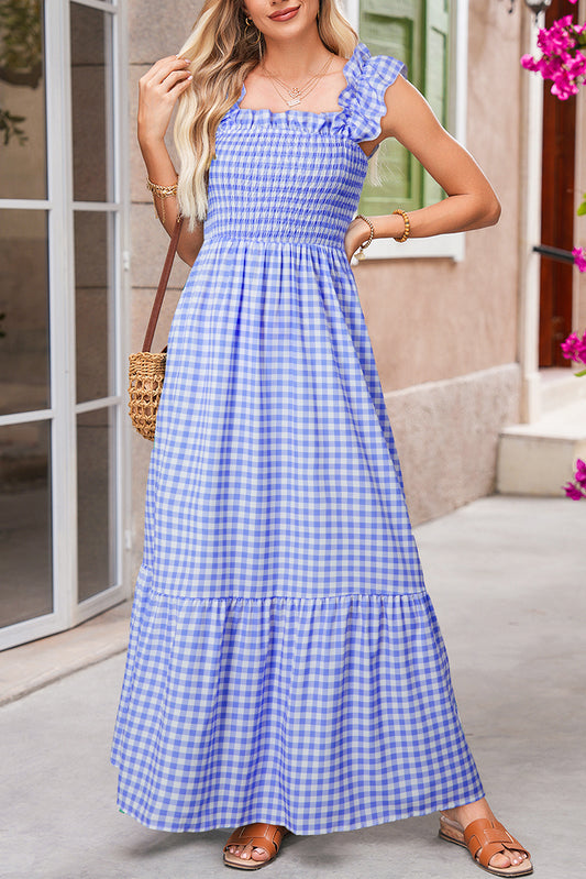 Plaid Square Neck Sleeveless Sky Blue Maxi Dress